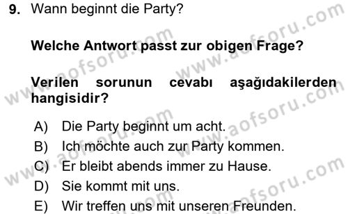 Almanca 1 Dersi 2017 - 2018 Yılı (Vize) Ara Sınav Soruları 9. Soru