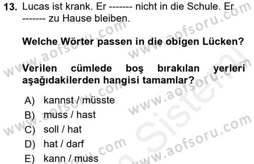Almanca 1 Dersi 2017 - 2018 Yılı (Final) Dönem Sonu Sınav Soruları 13. Soru