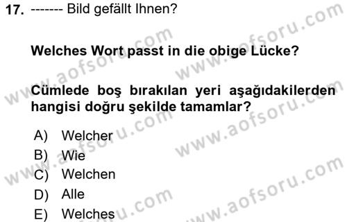 Almanca 1 Dersi 2017 - 2018 Yılı (Final) Dönem Sonu Sınav Soruları 17. Soru