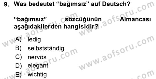 Almanca 1 Dersi 2017 - 2018 Yılı (Final) Dönem Sonu Sınav Soruları 9. Soru