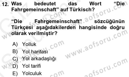 Almanca 1 Dersi 2018 - 2019 Yılı (Final) Dönem Sonu Sınav Soruları 12. Soru
