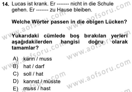Almanca 1 Dersi 2018 - 2019 Yılı (Final) Dönem Sonu Sınav Soruları 14. Soru