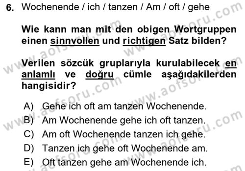 Almanca 1 Dersi 2018 - 2019 Yılı (Final) Dönem Sonu Sınav Soruları 6. Soru