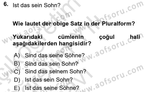 Almanca 1 Dersi 2020 - 2021 Yılı Yaz Okulu Sınav Soruları 6. Soru