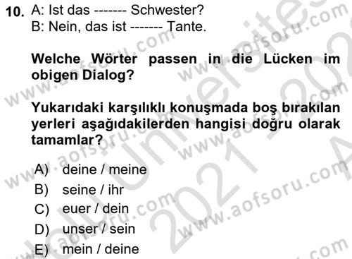 Almanca 1 Dersi 2021 - 2022 Yılı (Vize) Ara Sınav Soruları 10. Soru
