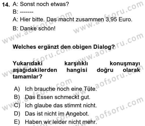 Almanca 1 Dersi 2021 - 2022 Yılı (Vize) Ara Sınav Soruları 14. Soru