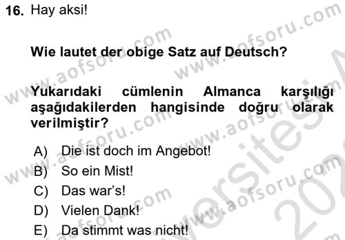 Almanca 1 Dersi 2021 - 2022 Yılı (Vize) Ara Sınav Soruları 16. Soru