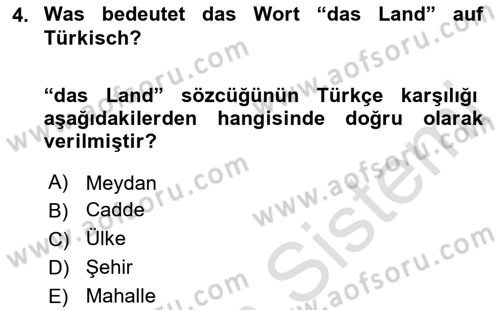 Almanca 1 Dersi 2021 - 2022 Yılı (Vize) Ara Sınav Soruları 4. Soru