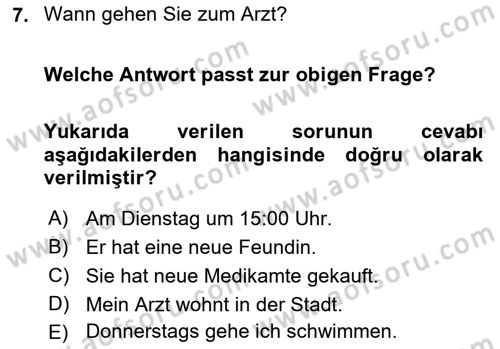Almanca 1 Dersi 2021 - 2022 Yılı (Vize) Ara Sınav Soruları 7. Soru