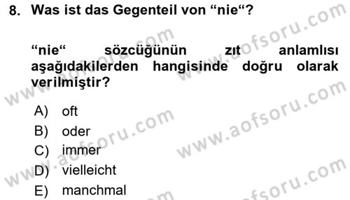 Almanca 1 Dersi 2021 - 2022 Yılı (Vize) Ara Sınav Soruları 8. Soru