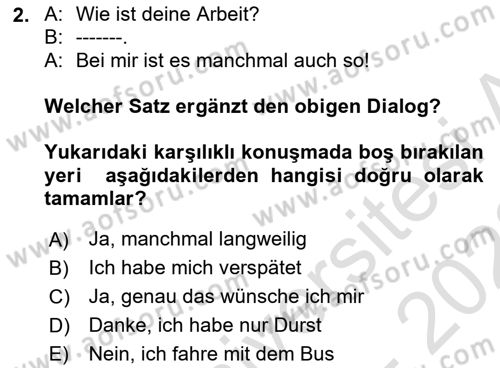 Almanca 1 Dersi 2021 - 2022 Yılı (Final) Dönem Sonu Sınav Soruları 2. Soru