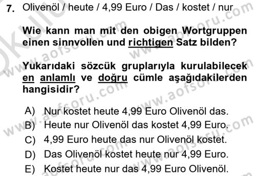 Almanca 1 Dersi 2021 - 2022 Yılı Yaz Okulu Sınav Soruları 7. Soru