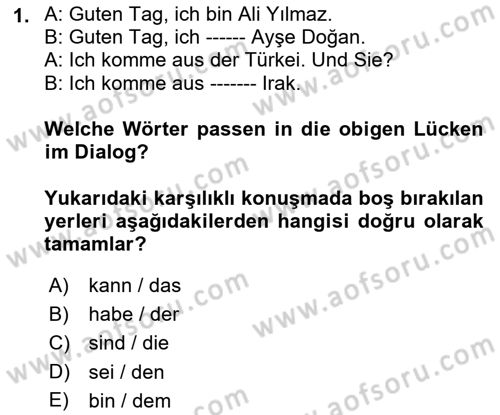 Almanca 1 Dersi 2022 - 2023 Yılı (Vize) Ara Sınav Soruları 1. Soru