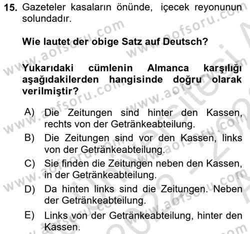 Almanca 1 Dersi 2022 - 2023 Yılı (Vize) Ara Sınav Soruları 15. Soru