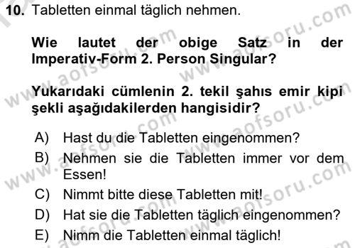 Almanca 1 Dersi 2022 - 2023 Yılı (Final) Dönem Sonu Sınav Soruları 10. Soru