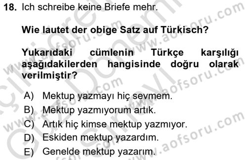 Almanca 1 Dersi 2022 - 2023 Yılı (Final) Dönem Sonu Sınav Soruları 18. Soru