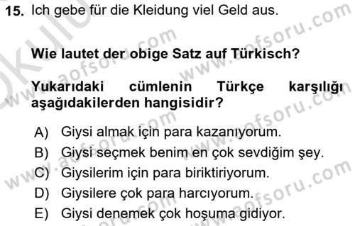 Almanca 1 Dersi 2022 - 2023 Yılı Yaz Okulu Sınav Soruları 15. Soru