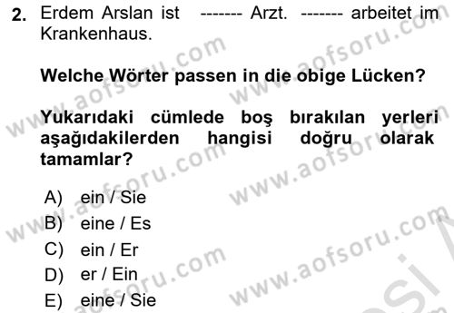 Almanca 1 Dersi 2022 - 2023 Yılı Yaz Okulu Sınav Soruları 2. Soru