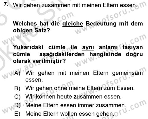 Almanca 1 Dersi 2022 - 2023 Yılı Yaz Okulu Sınav Soruları 7. Soru