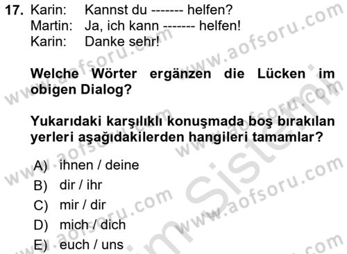 Almanca 1 Dersi 2023 - 2024 Yılı Yaz Okulu Sınav Soruları 17. Soru