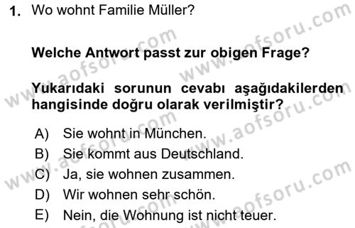Almanca 1 Dersi 2024 - 2025 Yılı (Vize) Ara Sınav Soruları 1. Soru