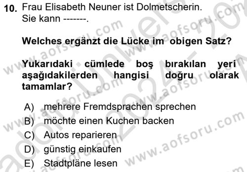 Almanca 1 Dersi 2024 - 2025 Yılı (Vize) Ara Sınav Soruları 10. Soru