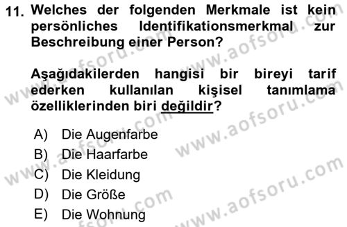 Almanca 1 Dersi 2024 - 2025 Yılı (Vize) Ara Sınav Soruları 11. Soru