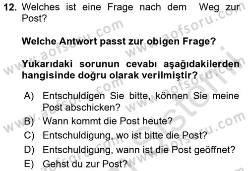 Almanca 1 Dersi 2024 - 2025 Yılı (Vize) Ara Sınav Soruları 12. Soru