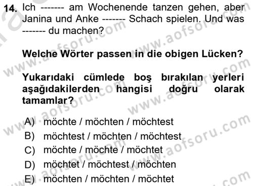 Almanca 1 Dersi 2024 - 2025 Yılı (Vize) Ara Sınav Soruları 14. Soru