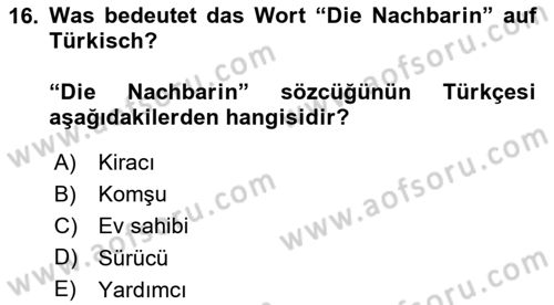 Almanca 1 Dersi 2024 - 2025 Yılı (Vize) Ara Sınav Soruları 16. Soru