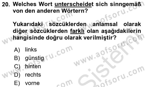 Almanca 1 Dersi 2024 - 2025 Yılı (Vize) Ara Sınav Soruları 20. Soru