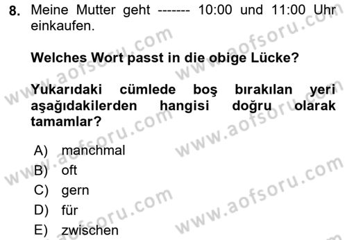 Almanca 1 Dersi 2024 - 2025 Yılı (Vize) Ara Sınav Soruları 8. Soru
