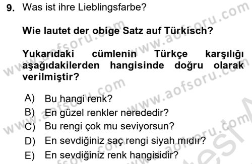 Almanca 1 Dersi 2024 - 2025 Yılı (Vize) Ara Sınav Soruları 9. Soru
