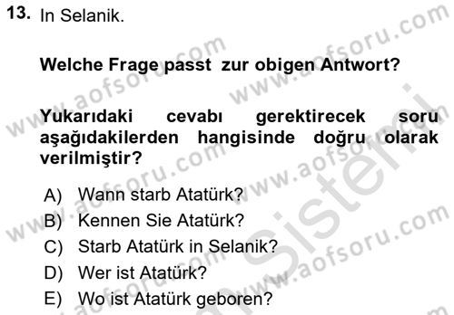 Almanca 1 Dersi 2024 - 2025 Yılı Yaz Okulu Sınav Soruları 13. Soru