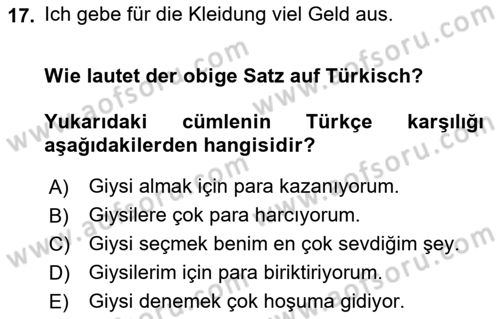 Almanca 1 Dersi 2024 - 2025 Yılı Yaz Okulu Sınav Soruları 17. Soru