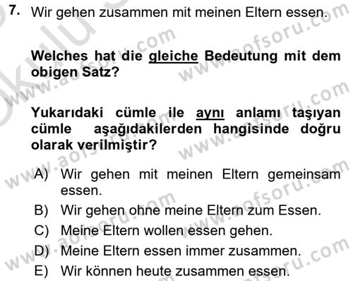 Almanca 1 Dersi 2024 - 2025 Yılı Yaz Okulu Sınav Soruları 7. Soru