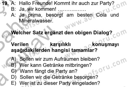 Almanca 2 Dersi 2014 - 2015 Yılı (Vize) Ara Sınav Soruları 19. Soru