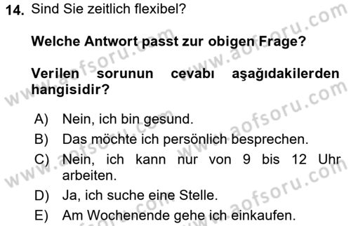 Almanca 2 Dersi 2015 - 2016 Yılı (Vize) Ara Sınav Soruları 14. Soru