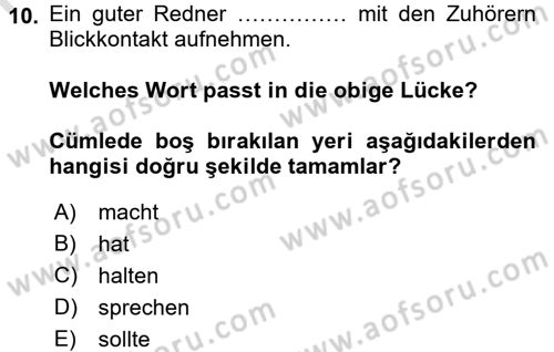 Almanca 2 Dersi 2015 - 2016 Yılı (Final) Dönem Sonu Sınav Soruları 10. Soru