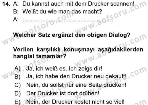 Almanca 2 Dersi 2015 - 2016 Yılı (Final) Dönem Sonu Sınav Soruları 14. Soru