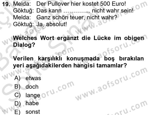 Almanca 2 Dersi 2015 - 2016 Yılı (Final) Dönem Sonu Sınav Soruları 19. Soru
