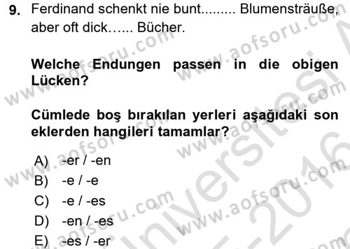 Almanca 2 Dersi 2015 - 2016 Yılı (Final) Dönem Sonu Sınav Soruları 9. Soru