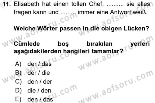 Almanca 2 Dersi 2015 - 2016 Yılı Tek Ders Sınav Soruları 11. Soru