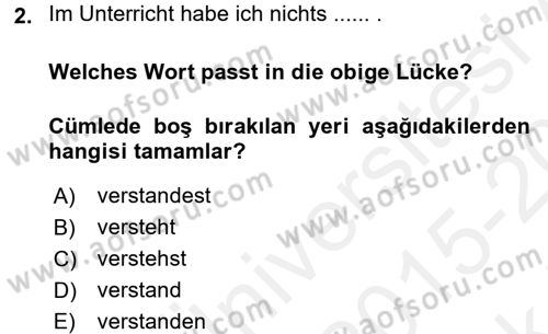Almanca 2 Dersi 2015 - 2016 Yılı Tek Ders Sınav Soruları 2. Soru
