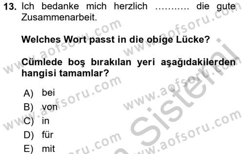 Almanca 2 Dersi 2016 - 2017 Yılı 3 Ders Sınav Soruları 13. Soru