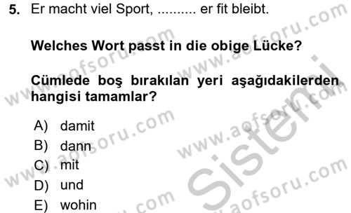 Almanca 2 Dersi 2016 - 2017 Yılı 3 Ders Sınav Soruları 5. Soru