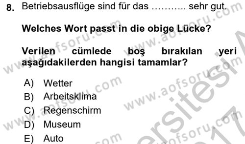 Almanca 2 Dersi 2016 - 2017 Yılı (Vize) Ara Sınav Soruları 8. Soru