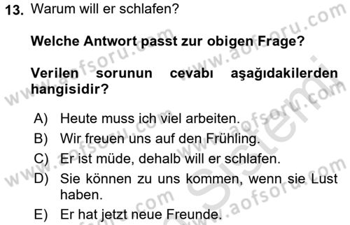Almanca 2 Dersi 2016 - 2017 Yılı (Final) Dönem Sonu Sınav Soruları 13. Soru