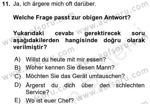 Almanca 2 Dersi 2017 - 2018 Yılı 3 Ders Sınav Soruları 11. Soru