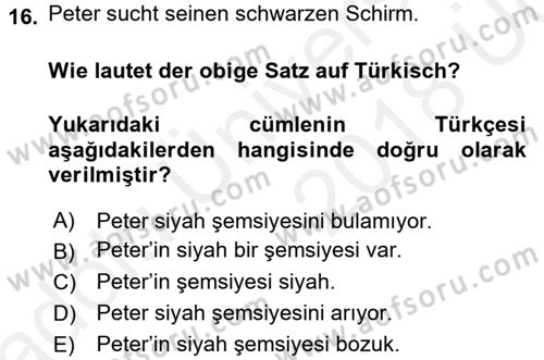 Almanca 2 Dersi 2017 - 2018 Yılı 3 Ders Sınav Soruları 16. Soru